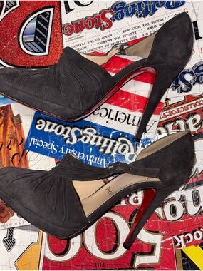 Christian Louboutin Paris Drapiday Suede High Heel Peep-Toe Pumps with Red Sole